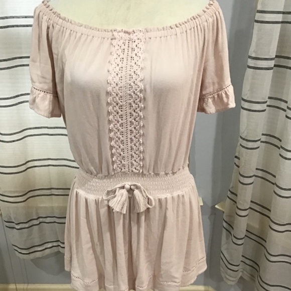 Ocean Drive Women Size Med Baby Pink Off Shoulder Eyelet Crochet Mini Dress Boho - Picture 4 of 11